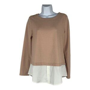 Calvin Klein Womens Beige Long Sleeve Top W/ Sheer Hem & Gold Shoulder Detail XS